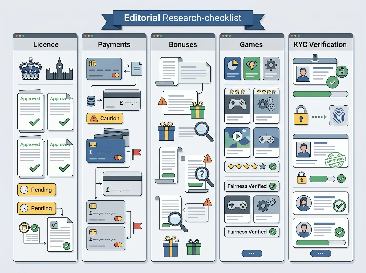 Layered checklist for licence, payments, bonuses, games and KYC review steps